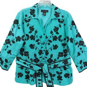 Silkland Embroidered Jacket Large Teal Green 100% Silk Floral Blazer Belted